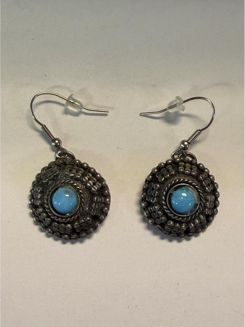 Vintage Ethnic Dome Earrings with Blue Cabochon - Boho Tribal Silver Tone